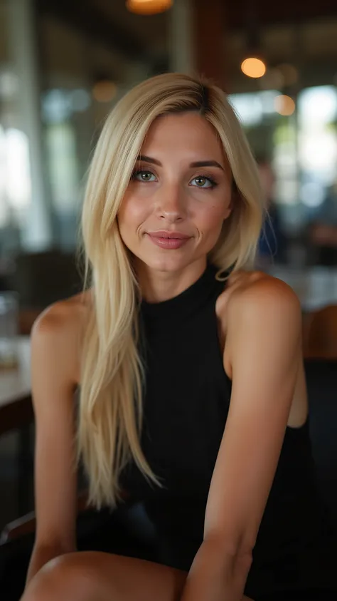 This is a beautiful closeup photograph of a woman, she has long straight blonde hair swept to one side and dark blue eyes. Wearing a form fitting black dress, Sitting in a cafe. Flirting at the viewer. Smile, Captured with a Sony A7R IV camera and a 50...