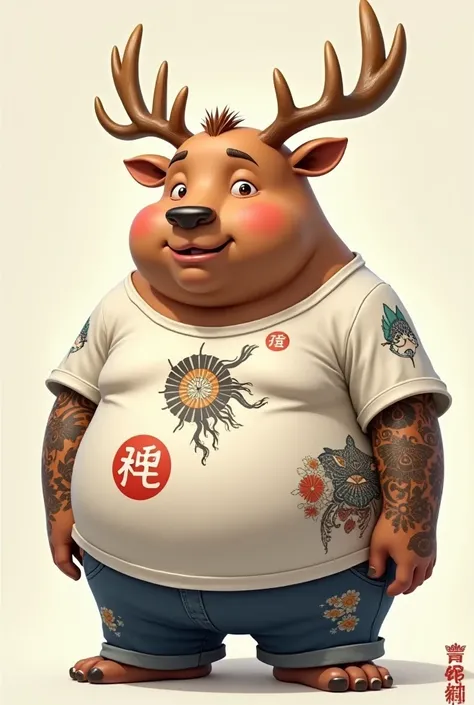 Fat man with a cute elk face,  white short sleeve tee with Irezumi's , White t-shirt with 1UP written on it
