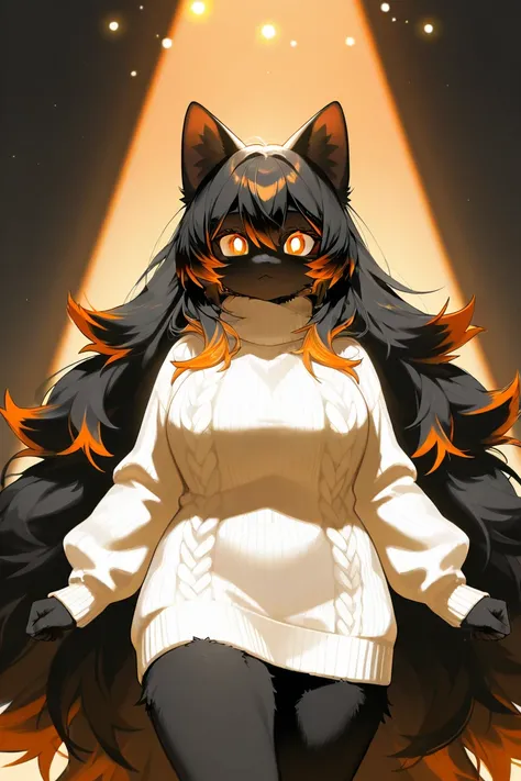 furry, cat, short body, black fur, black hair, extra long fur, ultra cute face, orange highlights on fur, curvy body, short body, winter sweater, bright eyes, beautiful lights and shadows, ambient light, ultra detailed fur, volumetric light