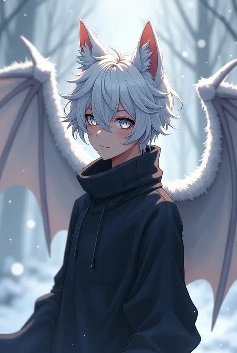 애니메이션  long haired  남자, Dog ears,  long haired ,  white hair(winter white)White eyes mixed with black(winter white), I'm wearing a black sweater with white (winter white) dragon wings on the back