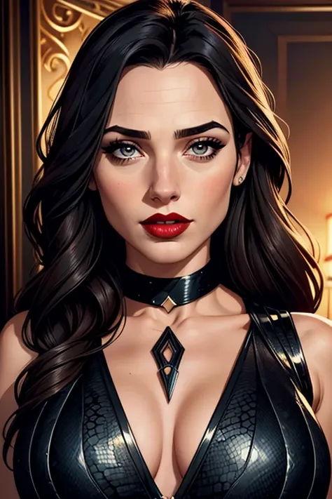 A waist-up portrait of a beautiful woman whose facial features are a combo of Anna Hopkins + Gal Gadot. The woman wears a black sleeveless snakeskin halter dress. The woman looks seductive. The woman has lovely makeup on her face. The woman wears red lipst...