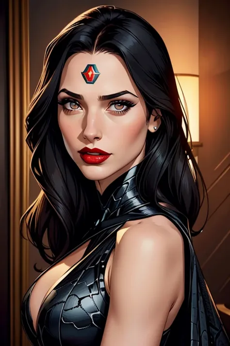 A waist-up portrait of a beautiful woman whose facial features are a combo of Anna Hopkins + Gal Gadot. The woman wears a black sleeveless snakeskin halter dress. The woman looks seductive. The woman has lovely makeup on her face. The woman wears red lipst...