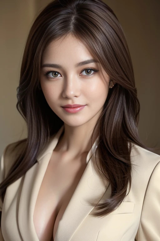 masterpiece, highest quality, realistic, Super detailed, attention to detail, High resolution, 8k wallpaper, one beautiful woman,, light brown messy hair, wearing a business suit, sharp focus, perfect dynamic composition, beautiful and fine eyes, fine hair...