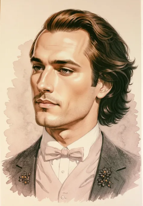  A mysterious man  ,  drawn exactly from the reference ,  hair is as similar as possible to the original  ,  Natural colored hair  , stands mysteriously ,  handsome man . Drawn in a flower , one bright detail in the picture should be particularly bright . ...