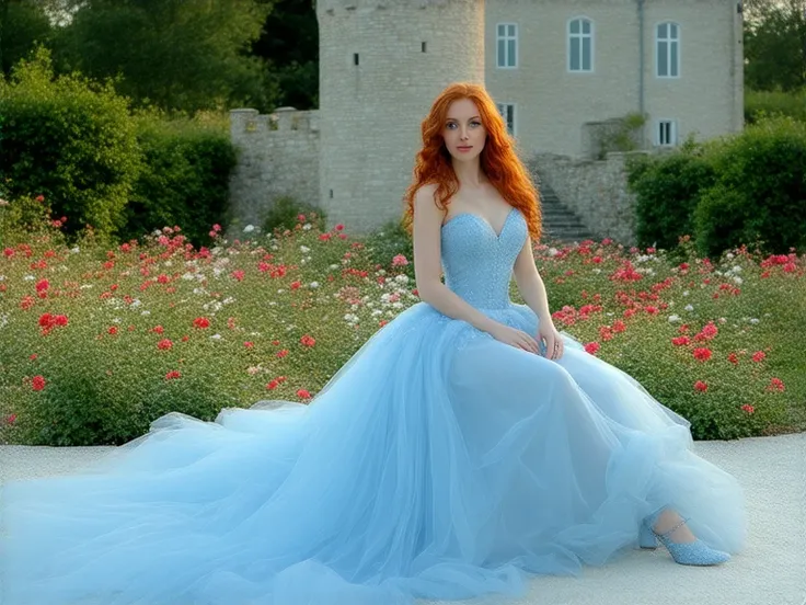  Couple of about 40 years old she has big breasts  , Redhaired , blue eyes 💙 ,PIEL BLANCA ,  blue dress 💙 , elegant shoes , el PIEL BLANCA vestido que conviene en un jardín lleno de flores mostrándose cariñosos con una mirada sensual ,  in the background a...