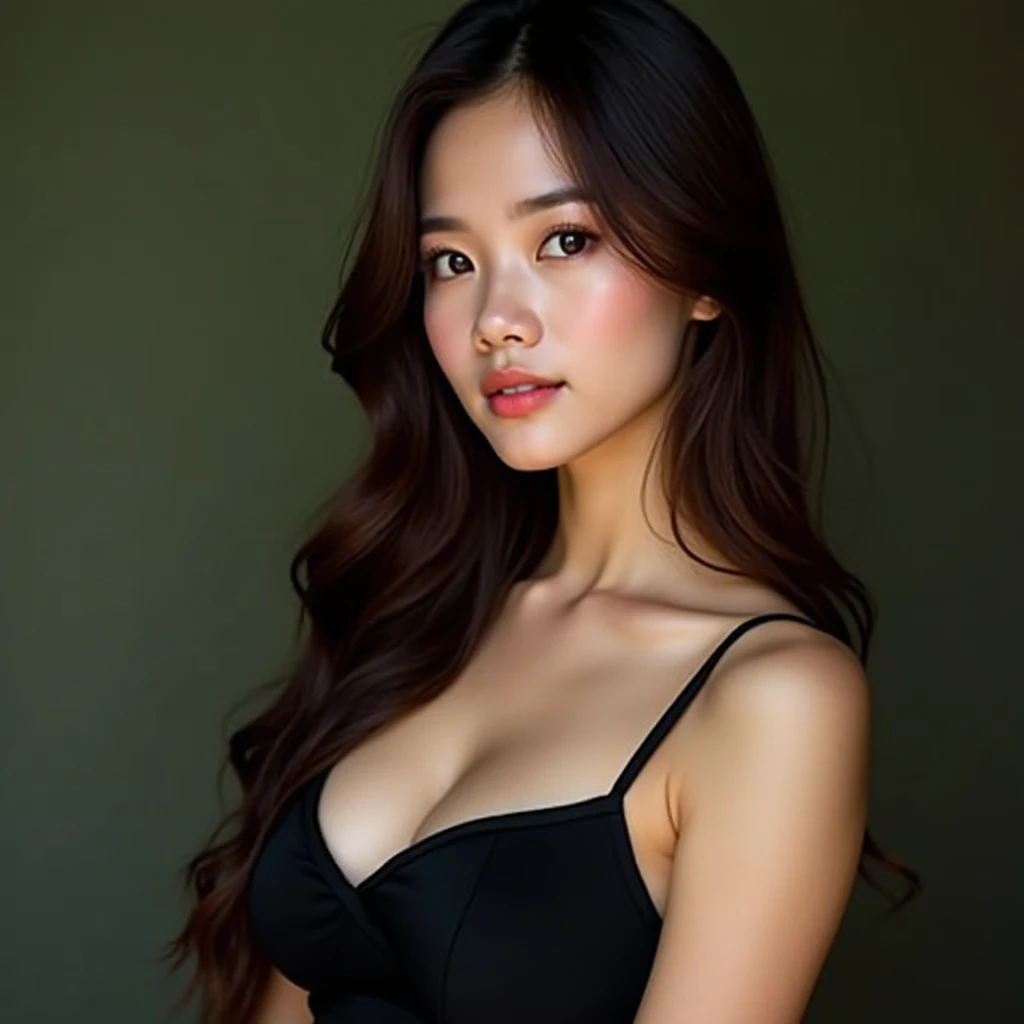 A photo of a beautiful 25-year-old Vietnamese girl, wearing a black spaghetti strap dress, partially revealing her chest, with large breasts.