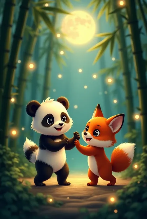 "A cheerful baby panda and a red fox cub dancing together in a bamboo forest, surrounded by glowing fireflies. The scene is magical with soft moonlight filtering through the trees, creating a lively and joyful atmosphere."