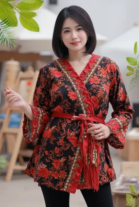 A beautiful korea girl,slightly chubby with black earrings dan black necklace,short hair, litle smile, wearing red and black clothes.standing enjoy on front market place