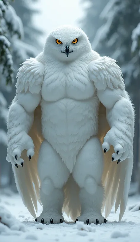 white owl as muscular body man and owl wings, face, winter in forest, trees, everywhere covered with snow, high quality, 8k, blurred background, feathers, yellow eyes, realistic, standing tall, like a man highest, high physics, plumage, white semi-plume, s...