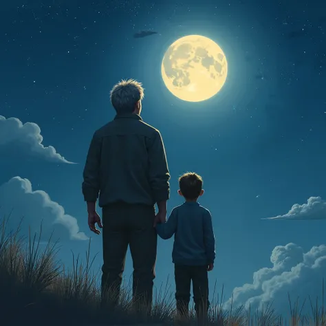 A son and father looking at the moon