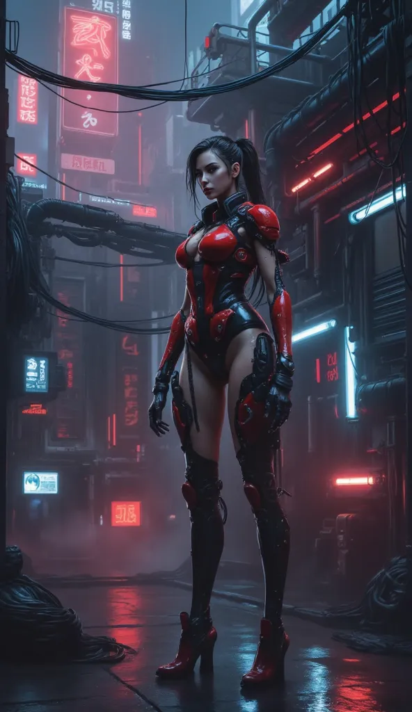 In a cyberpunk world with neon lights and technological gadgets, a mysterious figure stands among the gloomy urban landscapes. This is a woman with a strong, hardened body, in a red and black gradient. Her facial features are clear, and the atmosphere is s...