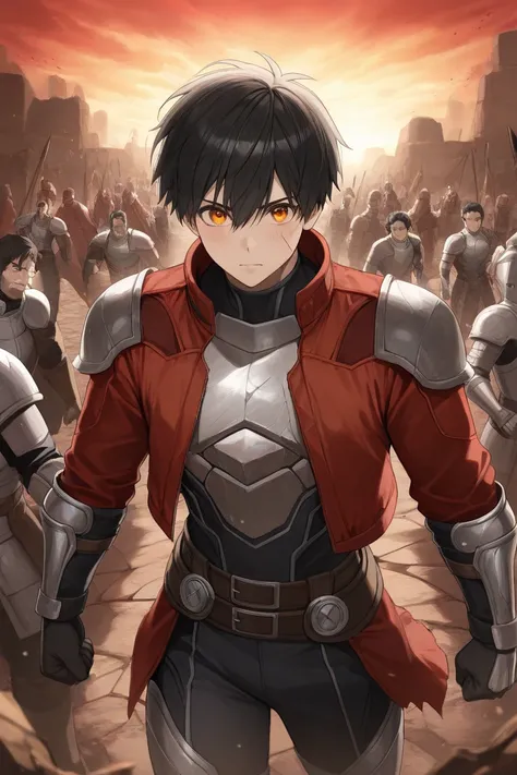 anime style "A young, determined man with black hair and amber eyes, wearing a rugged black and red jacket with light armor, standing in a ruined battlefield. His hand glows faintly with a demonic mark, his expression a mix of focus and defiance. The backg...