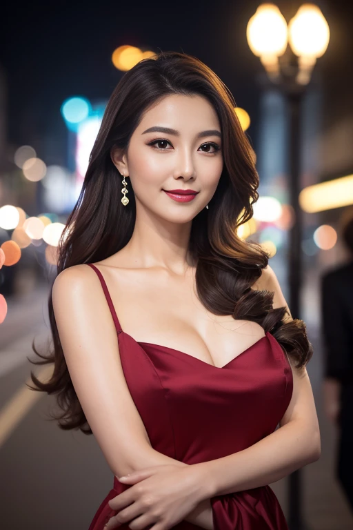 highest quality, 8k resolution, masterpiece, Professional photography, A 40-year-old beauty with an idol-like face, Walk through the downtown area at night, (Elegant and stylish crimson top), Close-up of face, ((Look forward)), (((View your viewers))), smi...