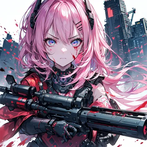 a angry girl, Futuristic, pink hair, Science Fiction War, ((Robotic Android )), ((hava a big gun )), (( bleeding from the face: 1.3)), ((big smoke is rising)), Big explosion background , upper body, ((front view: 1.3)), UHD, retina, accurate, masterpiece, ...