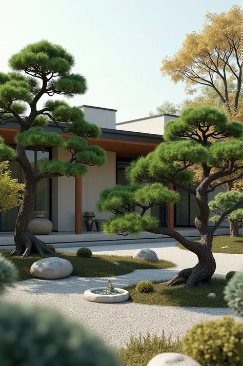 A picture of a japanese garden that has 2-3 bonsai then applied in the front yard of the house with a minimalist house concept 