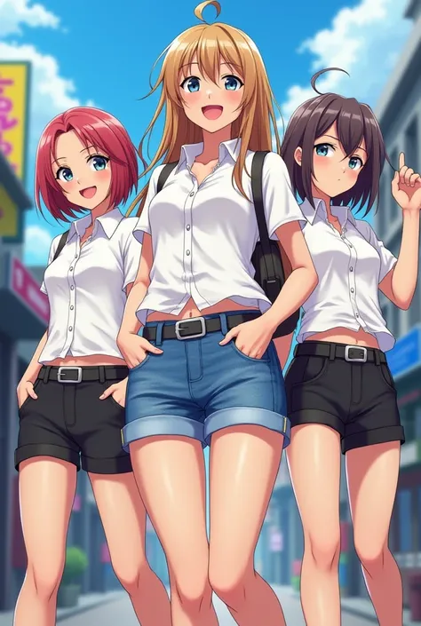 Anime characters white shirt denim short shorts, black shorts, belt