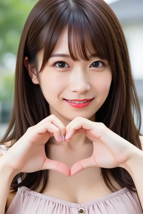  Super Fine、Picture of her face 、She smiles, I&#39;m wearing a camisole,  posing in front of my chest with my hands crossed in the shape of a heart、The background is Edo Castle 、    high definition 、細部にわたって   high definition 