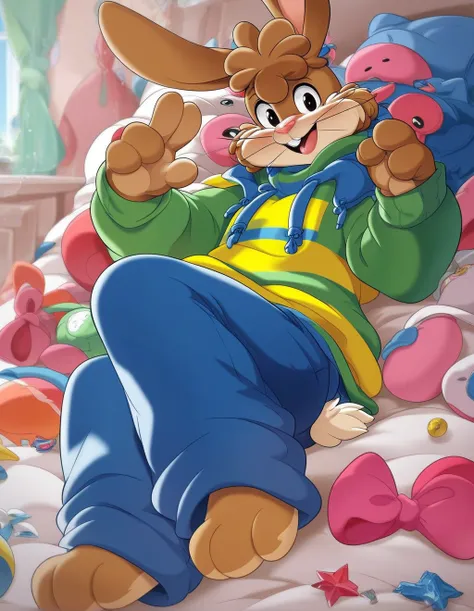 zPDXL3,quicky,4 fingers,brown fur, blue pants, yellow winter sweater, French style, sitting down on the bed in the bedroom, young 25 year old adult, 6 feet tall, cute version of quicky, cute rabbit hair, furry, rabbit, male, femboy, slim,solo,looking_at_vi...