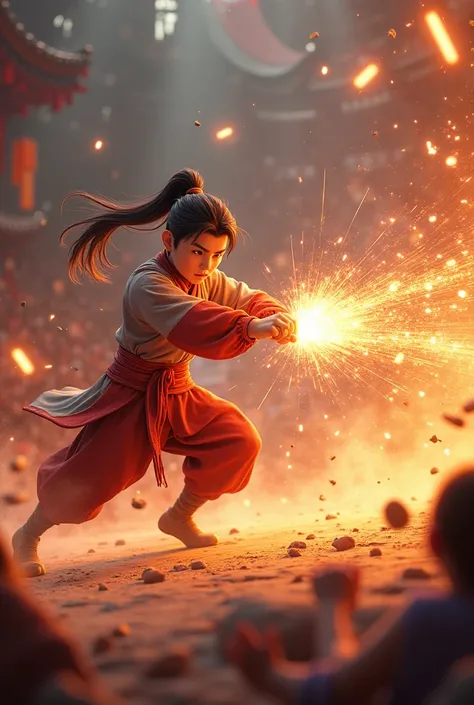 Lăng Hàn, in his new young body, fighting against a young genius in a fierce battle. Sparks and energy blasts fly around as Lăng Hàn showcases his ancient skills. The arena is filled with spectators cheering. 3D animation style, action-packed, ratio 16:9