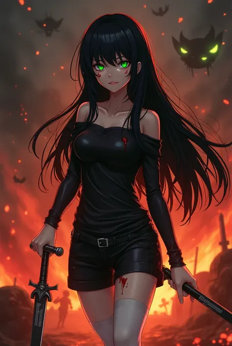 Anime girl, long black hair, evil smirk, eyes hidden behind bangs, sword in hand, blood on her, black shorts, black off the sleeve shirt, white stockings, heels. The background a battle ground on fire, Green evil eyes glowing, 