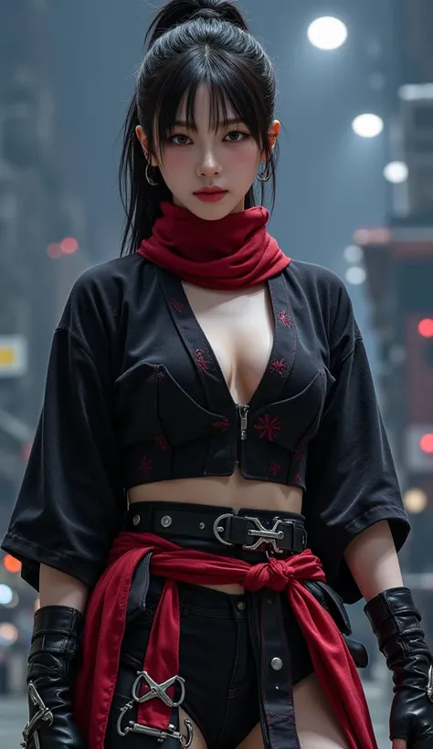  FILM RENDERING , black hair,  Up Hair ,  dark brown eyes,   Make Middle Hair , ((Ninjaスタイル, female Ninja), black and red clothes,  shoulder out, black gloves,  with intricate beautiful patterns, black , Silver,  Underboobs :0.8), ((, Ninjaスタイル)),   BREAK ...