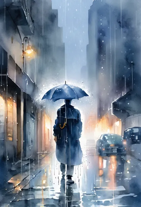 watercolor style, soft color, pastel color, digital illustration. In a dimly lit alley at the edge of the city, a man stands still under the rain. The backdrop features blurred skyscrapers shrouded in mist, their lights muted by the relentless downpour. Th...