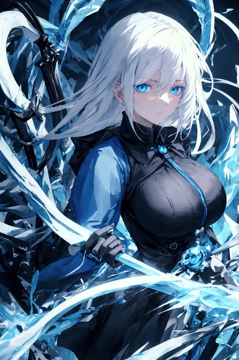 adult woman with white hair, black and blue clothes, with a blank expression, detailed and bright blue eyes, holding a large blue and black scythe with a blue energy around
