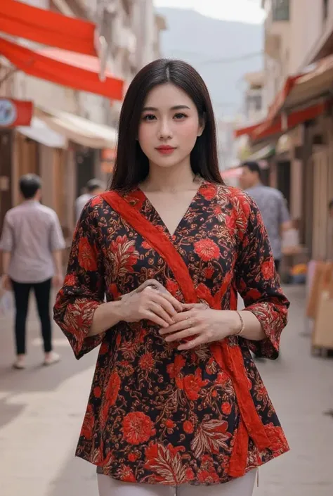 A beautiful korea girl,slightly chubby with black earrings dan black necklace,short hair, litle smile, wearing red and black clothes.standing enjoy on front market place