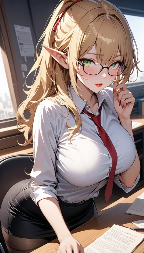 ((masterpiece)),  best quality ,  SUPER DETAILS,  high resolution,  extremely detailed CG integrated 8K wallpaper, HQ_HDR, (angle), (((wear glasses))), (Slutty female teacher elf with big breasts), blonde green, wavy ponytail ,  beautiful face in high defi...