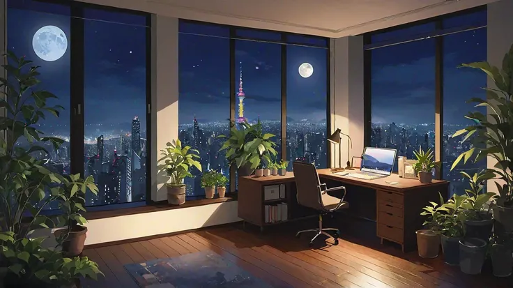  Fantastic、desk、On top of a tall tower、観葉plant、 unrealistic、Floor-to-ceiling windows、 night view、moon、watercolor、plant