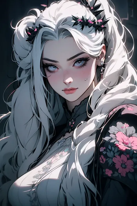 hyper-realistic  of a mysterious woman with flowing gray hair, pony tail, piercing opal eyes, and a delicate floral crown, delicate smile, upper body