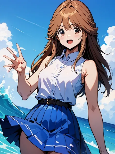 masterpiece,  Best Quality, , long hair,  plump chest ,  White Shirt , sleeveless, belt,  Blue Skirt ,  Cowboy Shooter , Standing,   looking at the viewer ,  Outdoor, wave, Smile, open mouth,