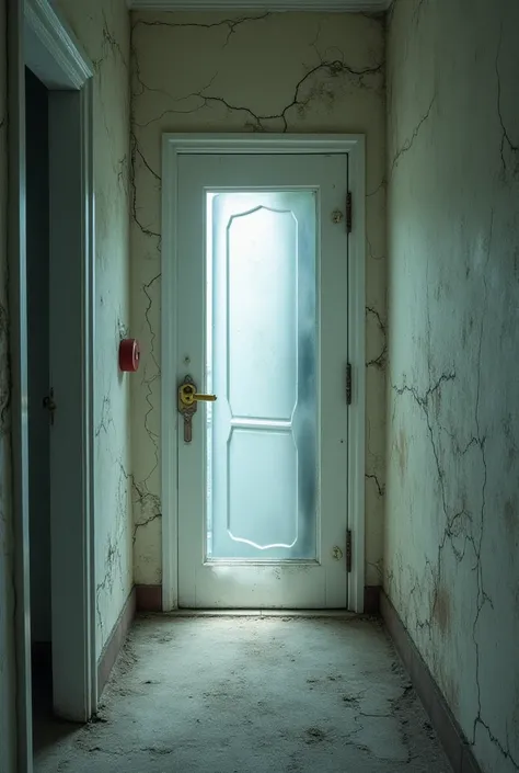 "A pristine white door in an otherwise decaying hallway. The door glows faintly, contrasting with the cracked walls and peeling paint around it. A golden key hangs from a rusty nail next to the door. The air around the door looks cold and misty, as though ...