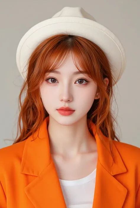 
draw a young girl with white fedora hat, and he have medium curly red hair, wearing orange coat, girl,