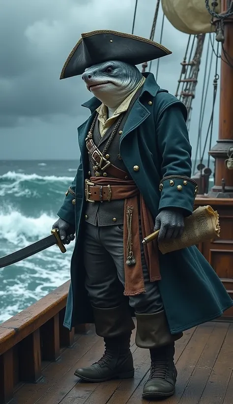 A fierce anthropomorphic shark pirate with rough, scarred gray skin, wearing a captain’s coat and tricorn hat. He stands on the deck of a pirate ship, holding a cutlass in one hand and a treasure map in the other. The ocean is rough, with waves crashing ag...