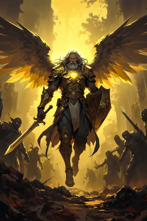 Old paladin, long gray hair floating in the areas, muscular body, light beard, yellow luminous eyes emitting light, magic angel wing and yellow light, paladin floating in the areas like an angel descending from the sky, yellow divine magic emanating from t...