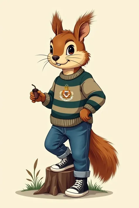 "A stylish cartoon squirrel inspired by the iconic Ralph Lauren bear, dressed in a casual yet fashionable outfit. The squirrel is wearing a cozy knit sweater with a classic pattern (like stripes or a crest), well-fitted blue jeans, and a pair of trendy Con...