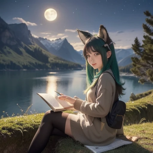 Masterpiece,  best quality ,,  1 girl in the bush,  is sitting, animal, animal ears, bird, black_hair, Books, Booksmark, branch,  gloves, ãã©ã¹ , green hair,  holding,  holding Books, Food, Food down, leaf,  watching viewers with the harbor at night in the...