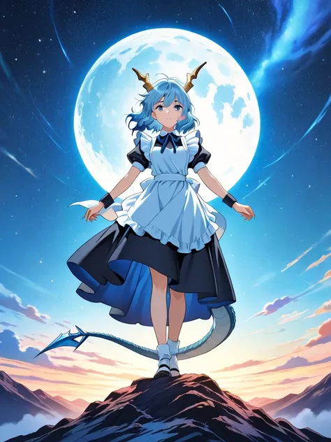 A highly condensed beauty dressed as a maid in the river and the sky, Concept art inspired by Dan da dan ,  short, disheveled hair,  blue hair,  blue eyes, Horns, alas, claws, dragon tail,  Winner of the pixiv ,  envelopes, Fantastic Art, beautiful anime s...