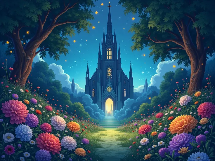 Garden full of flowers, Game Illustration, 2d animation, sanctuary, dark sky, church