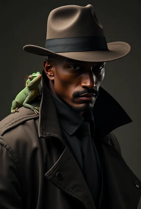 Semi muscular light skin african american lucha wrestler. Long nose. Epic mustache. Tight compact body muscle mass. Wearing a detective noir jacket. Face, particularly his eyes is shrouded in shadow underneath his fashion hat. A lizard on his broad shoulde...