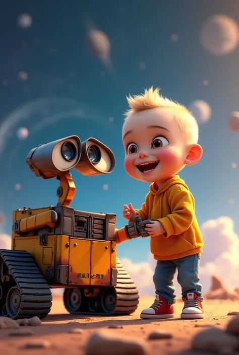 Create a Pixar Disney style character  , white boy  , smiling hair shaved brown eyes ,Playing with Wall E in space 