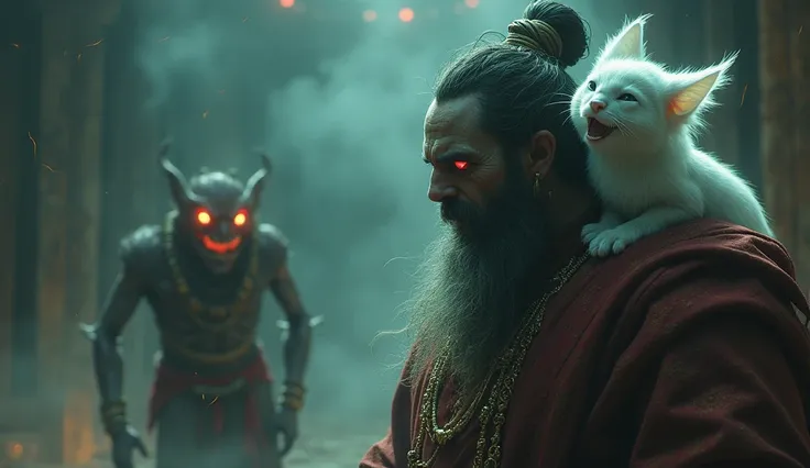 Betal’s Mischievous Laughter
Betal perched on Vikramaditya’s shoulder, laughing mockingly while observing the demon. His ghostly appearance and sharp, glowing eyes contrast with his playful demeanor.