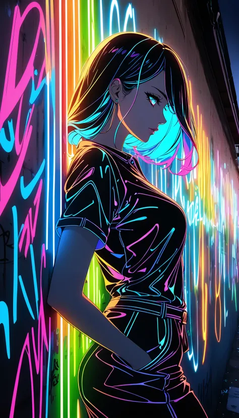 glow line art, graffiti, written with an illumination pen, very sharp line, shining glow, super-refection, multi vivid clear color, a woman, solo, 