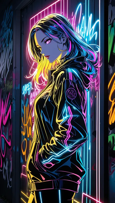 glow line art, graffiti, written with an illumination pen, very sharp line, shining glow, super-refection, multi vivid clear color, a woman, solo, 
