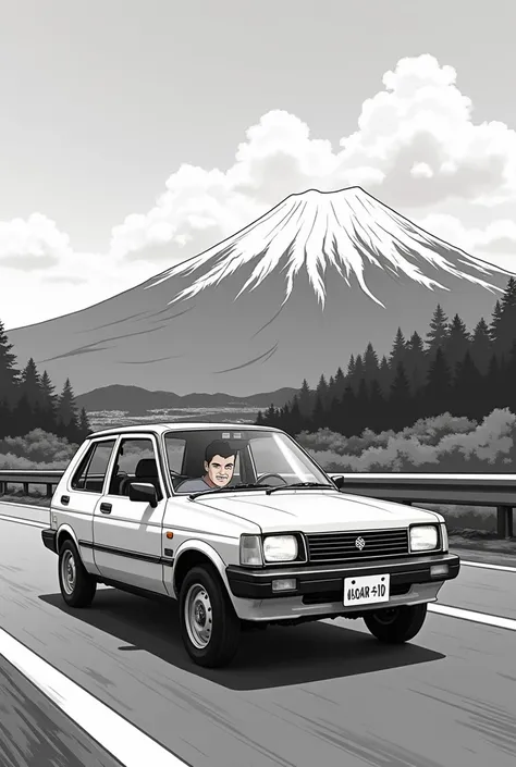 A picture of intial d driving a car about takumi hachi roku with fuji mountain in the background a little 1986 daihatsu charade anime graphics no man in the auto should be black white phone background size