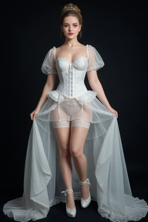 Full body shot, Beautiful painting of a perfect female, slender figure with an hourglass physique , medium breasts accented by an extremely baroque and revealing white corset, long, shapeless hair that cascades down the back , corset dress, transparent dre...