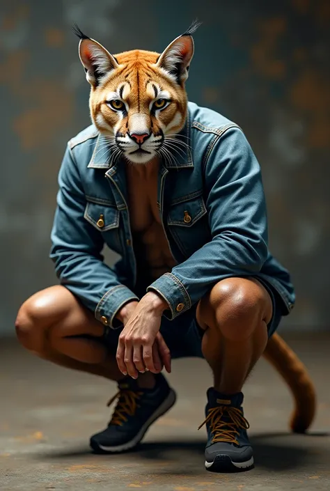 cougar head on a human body wearing a denim jacket squatting down