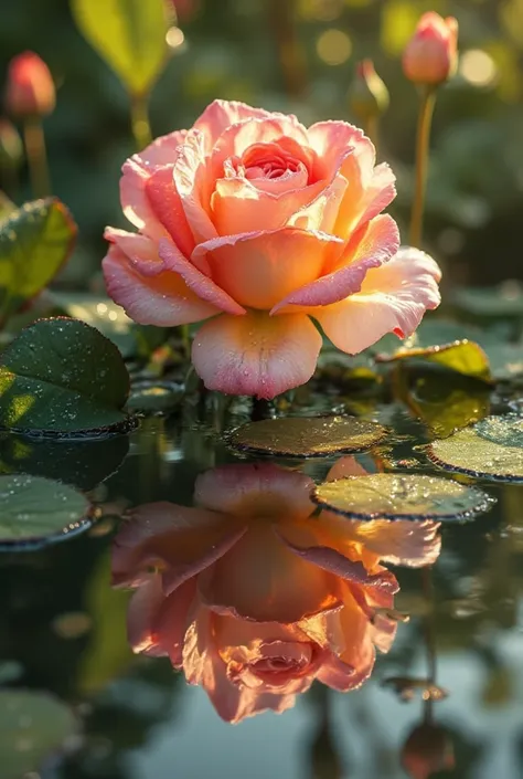 A pink, red, yellow, and white rose flower that is reflected in the morning sunlight has dew on its leaves and roses.

