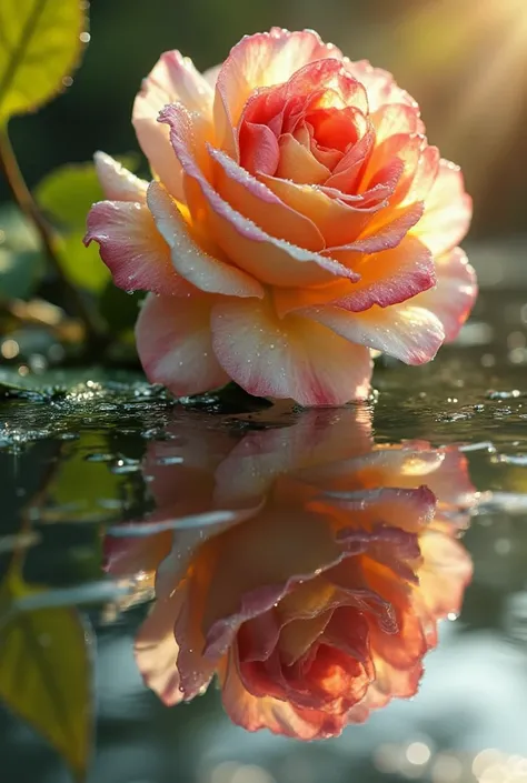 A pink, red, yellow, and white rose flower that is reflected in the morning sunlight has dew on its leaves and roses.

